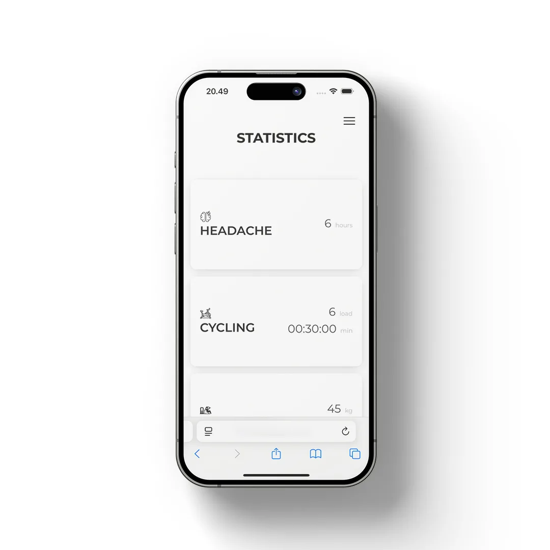The Statistics section offers a structured overview of all tracked categories. Each item displays the most recent logged entry, making it easy to glance when the last workout was completed or when a headache was last recorded. This helps with identifying 