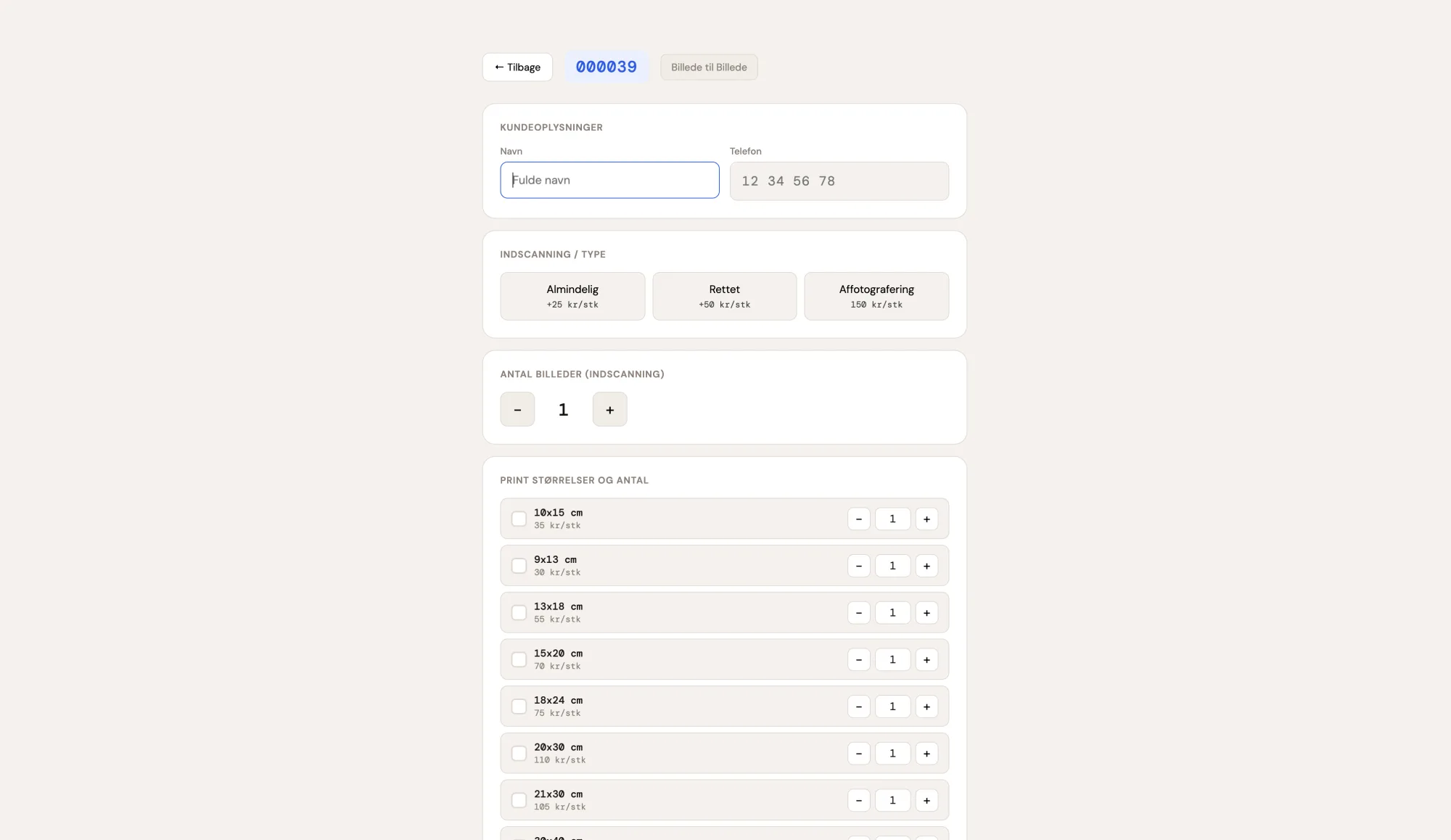 The order form adapts to the selected order type, showing only the fields relevant to that particular job. Size selection, paper type, number of sets, and additional options such as mounting or matt paper are all handled with a single tap. The price is calculated automatically and updates in real time — even for combined orders containing multiple products. Once the order is confirmed, a receipt is sent directly to the shop's thermal printer via PrintNode, complete with the customer's name, order number, and a full price breakdown.