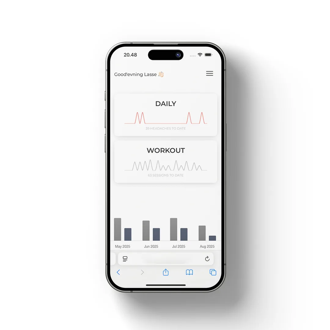 Once logged in, the user is taken directly to the dashboard, which features two primary actions: "Daily" and "Workout" – enabling fast and intuitive data entry. Below these, a dynamic bar chart (rendered with Chart.js) visualizes monthly data, comparing t