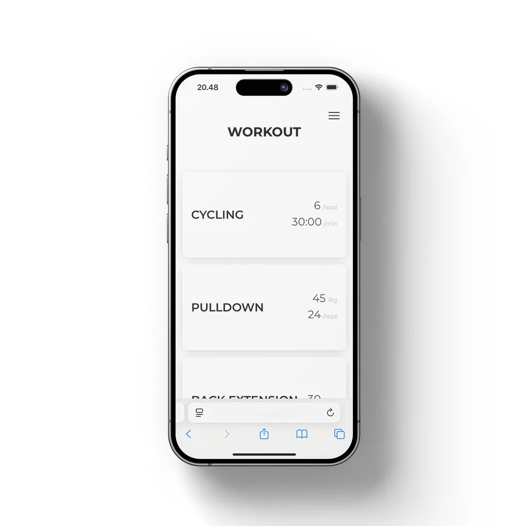 Entering the Workout section presents a list of my custom exercise routines. The interface is optimized for flow – once an exercise is completed and logged, the app automatically returns to the overview and scrolls to the next pending exercise. This reduc