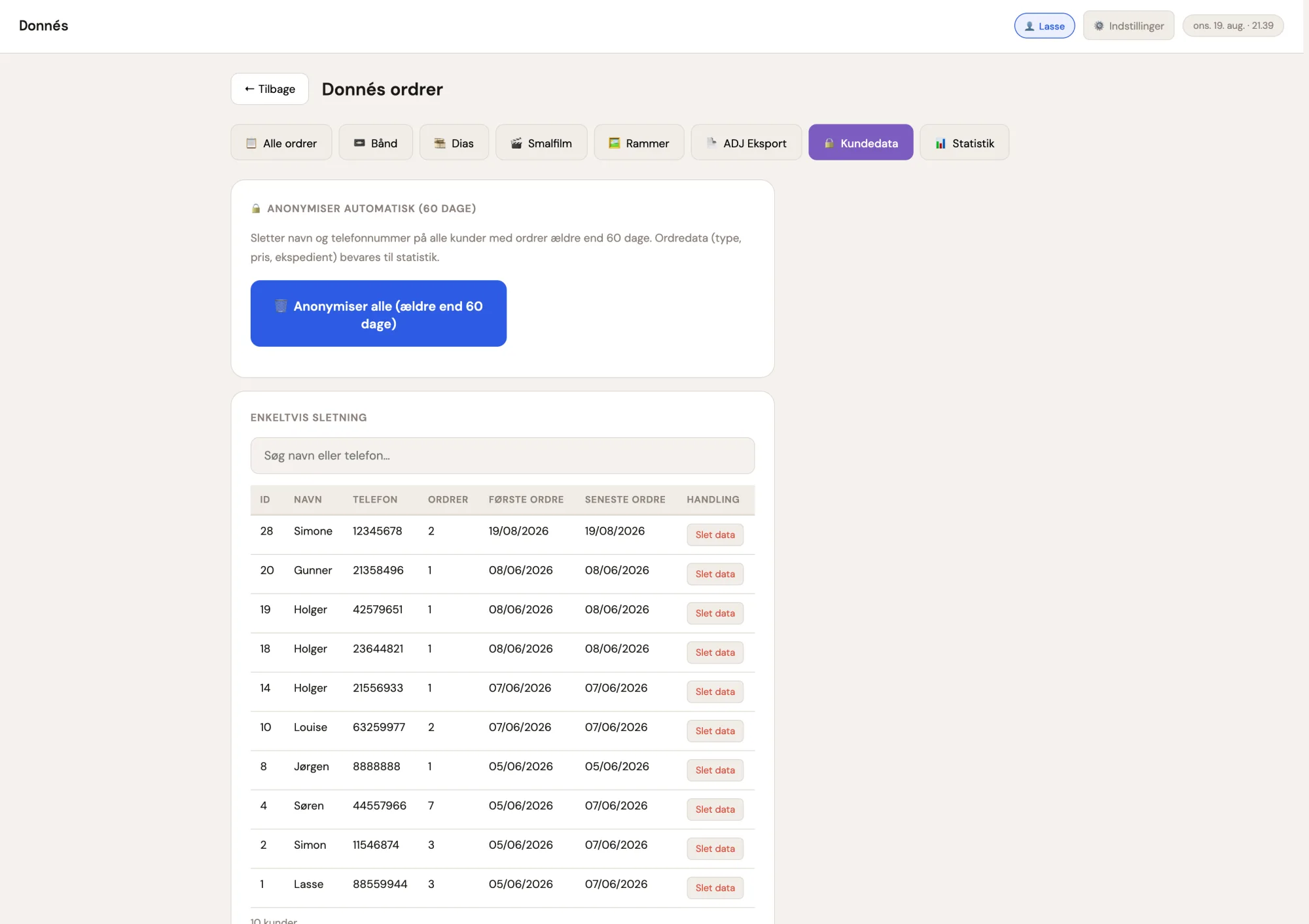 The customer registry provides a quick overview of all customers and their associated orders. If a customer requests to be removed from the system, their data can be anonymised or deleted entirely with a single click — in full compliance with GDPR. Staff can search by name or phone number and view the complete order history for any given customer.